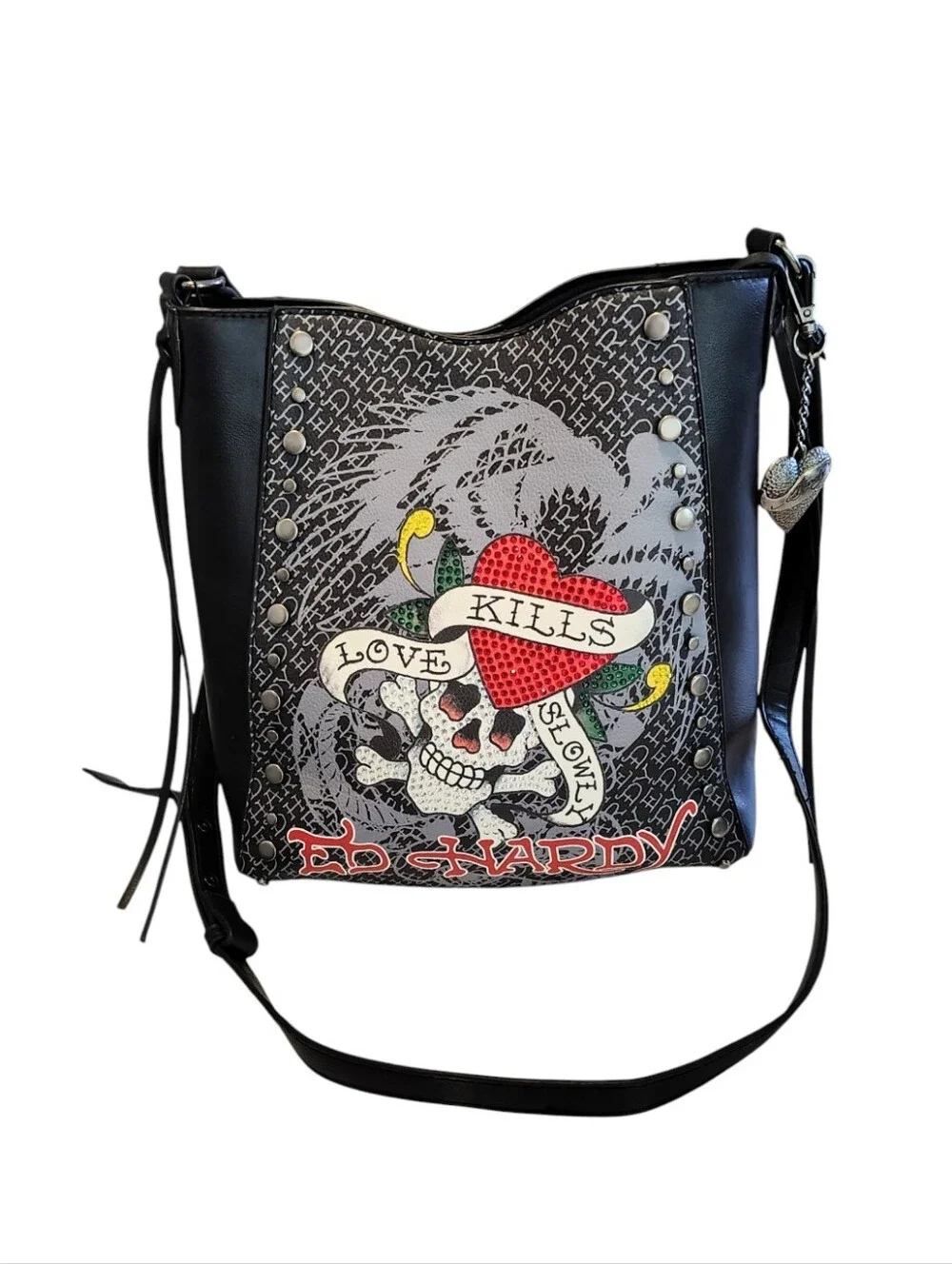 Ed Hardy Grunge Black Love Kills Slowly Rhinestone Skull & Metal Rivets Satchel